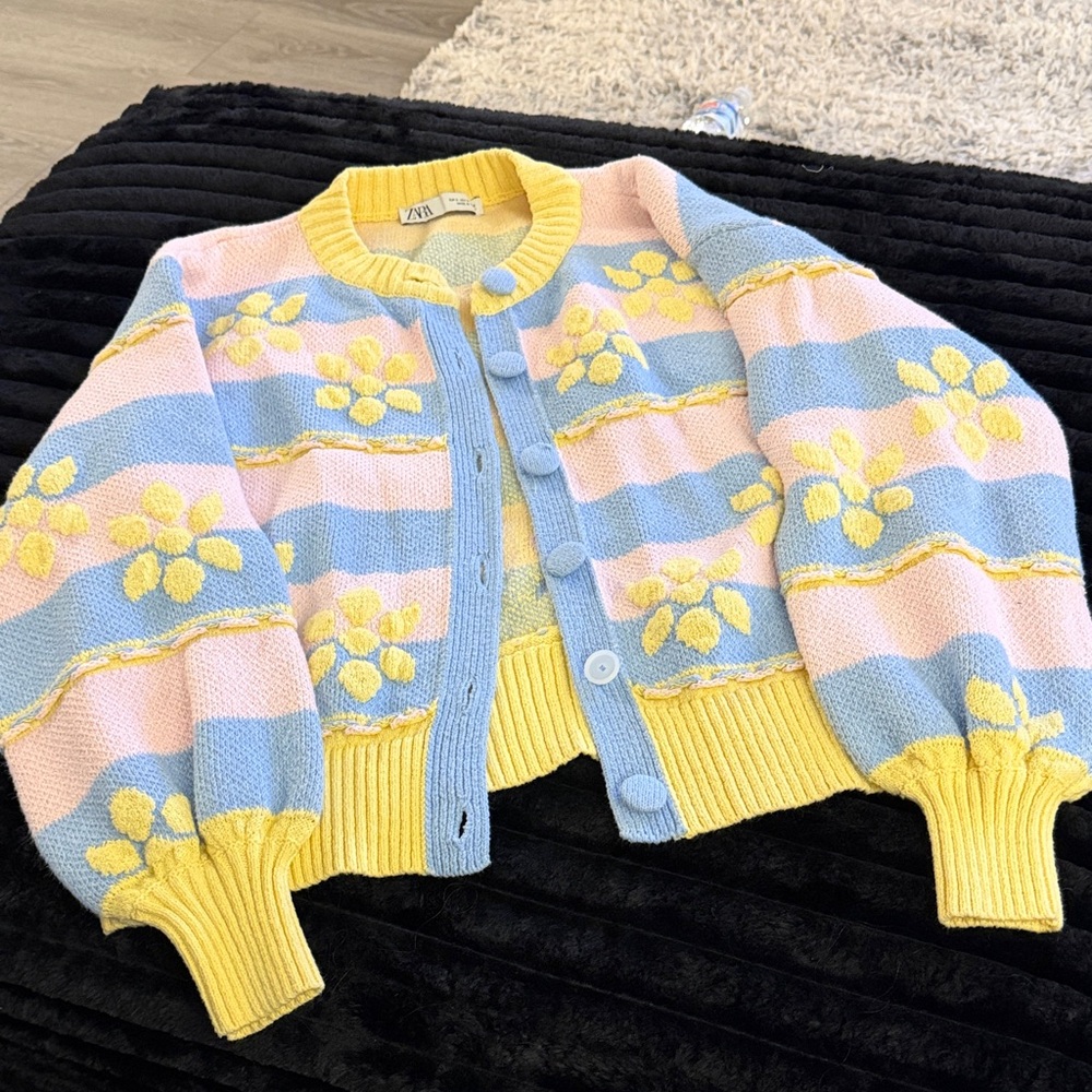 Zara Colorful Striped Cardigan with Floral Details